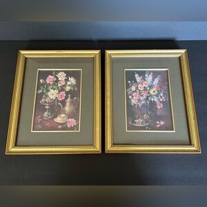 Vintage Pair Of Framed Still Life Floral Rose Prints Signed By Pike Flowers Tea